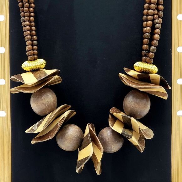 Wood Banded Striped Discs Round Beads Necklace Chunky Vintage Clasp Gold Tone - Picture 1 of 10